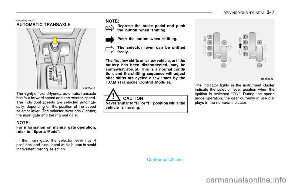 Hyundai Sonata 2004  Owners Manual DRIVING YOUR HYUNDAI   2- 7
C090A03Y-AATAUTOMATIC TRANSAXLE
The highly efficient Hyundai automatic transaxle
has four forward speed and one reverse speed.
The individual speeds are selected automati-
