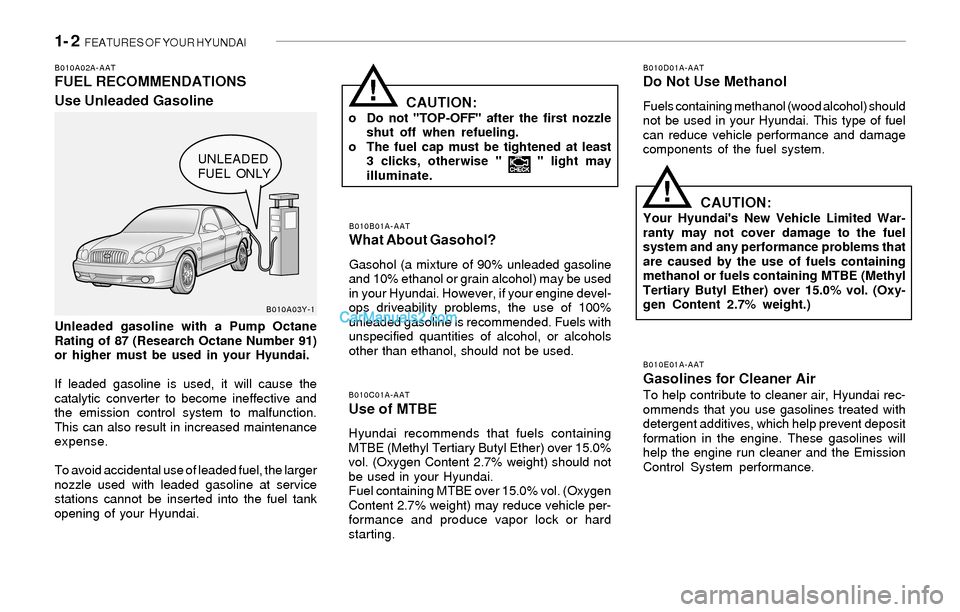 Hyundai Sonata 2004  Owners Manual 1- 2  FEATURES OF YOUR HYUNDAI
CAUTION:Your Hyundais New Vehicle Limited War-
ranty may not cover damage to the fuel
system and any performance problems that
are caused by the use of fuels containing