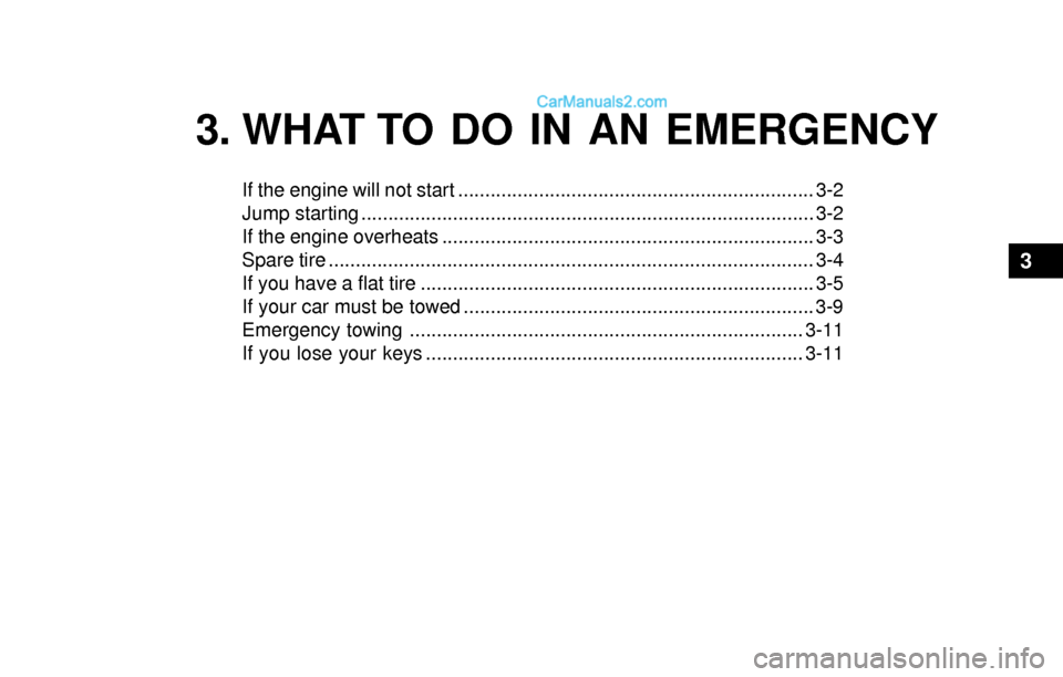 Hyundai Sonata 2004 Owners Manual 3. WHAT TO DO IN AN EMERGENCY
If the engine will not start .................................................................. 3-2
Jump starting ........................................................ Hyundai Sonata 2004 Owners Manual 3. WHAT TO DO IN AN EMERGENCY
If the engine will not start .................................................................. 3-2
Jump starting ........................................................