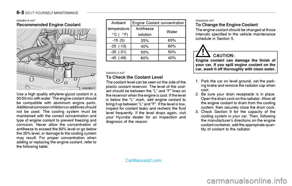 Hyundai Sonata 2004 Owners Manual 6- 8 DO-IT-YOURSELF MAINTENANCE
G050D02A-AATTo Change the Engine CoolantThe engine coolant should be changed at those
intervals specified in the vehicle maintenance
schedule in Section 5.
G050C01A-AA Hyundai Sonata 2004 Owners Manual 6- 8 DO-IT-YOURSELF MAINTENANCE
G050D02A-AATTo Change the Engine CoolantThe engine coolant should be changed at those
intervals specified in the vehicle maintenance
schedule in Section 5.
G050C01A-AA