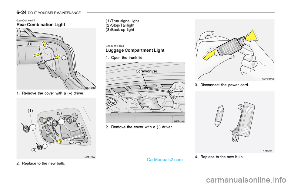 Hyundai Sonata 2004 Owners Manual 6- 24 DO-IT-YOURSELF MAINTENANCE
G270D01Y-AATRear Combination Light
1. Remove the cover with a (+) driver.
2. Replace to the new bulb.
HEF-242
HEF-220
(1)
(2)
(3)(1) Trun signal light
(2) Stop/Tail l Hyundai Sonata 2004 Owners Manual 6- 24 DO-IT-YOURSELF MAINTENANCE
G270D01Y-AATRear Combination Light
1. Remove the cover with a (+) driver.
2. Replace to the new bulb.
HEF-242
HEF-220
(1)
(2)
(3)(1) Trun signal light
(2) Stop/Tail l