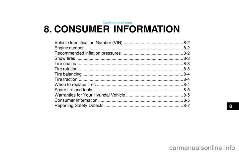 Hyundai Sonata 2004 Owners Manual 8. CONSUMER INFORMATION
Vehicle Identification Number (VIN) ................................................. 8-2
Engine number ........................................................................ Hyundai Sonata 2004 Owners Manual 8. CONSUMER INFORMATION
Vehicle Identification Number (VIN) ................................................. 8-2
Engine number ........................................................................