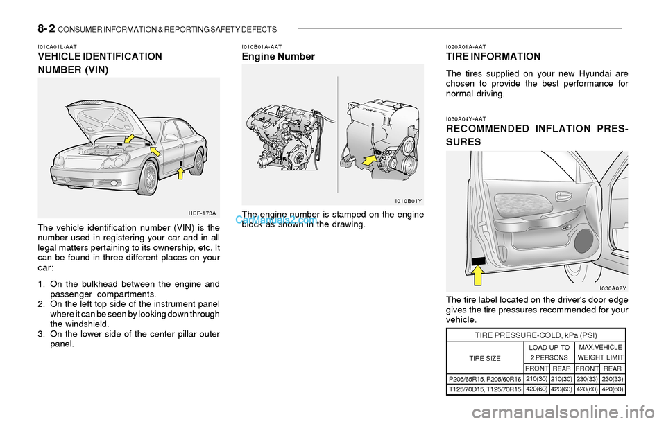 Hyundai Sonata 2004 Owners Manual 8- 2 CONSUMER INFORMATION & REPORTING SAFETY DEFECTS
I030A04Y-AATRECOMMENDED INFLATION PRES-
SURES
I020A01A-AATTIRE INFORMATION
The tires supplied on your new Hyundai are
chosen to provide the best p Hyundai Sonata 2004 Owners Manual 8- 2 CONSUMER INFORMATION & REPORTING SAFETY DEFECTS
I030A04Y-AATRECOMMENDED INFLATION PRES-
SURES
I020A01A-AATTIRE INFORMATION
The tires supplied on your new Hyundai are
chosen to provide the best p