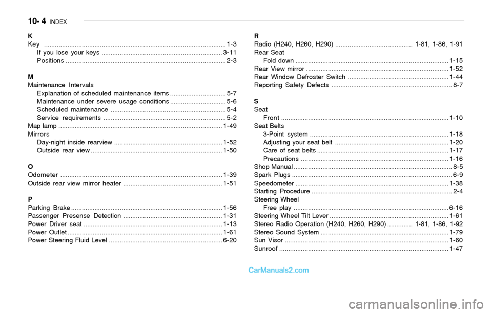 Hyundai Sonata 2004 Owners Manual 10- 4 INDEX
K
Key ..................................................................................................... 1-3
If you lose your keys ..................................................... Hyundai Sonata 2004 Owners Manual 10- 4 INDEX
K
Key ..................................................................................................... 1-3
If you lose your keys .....................................................