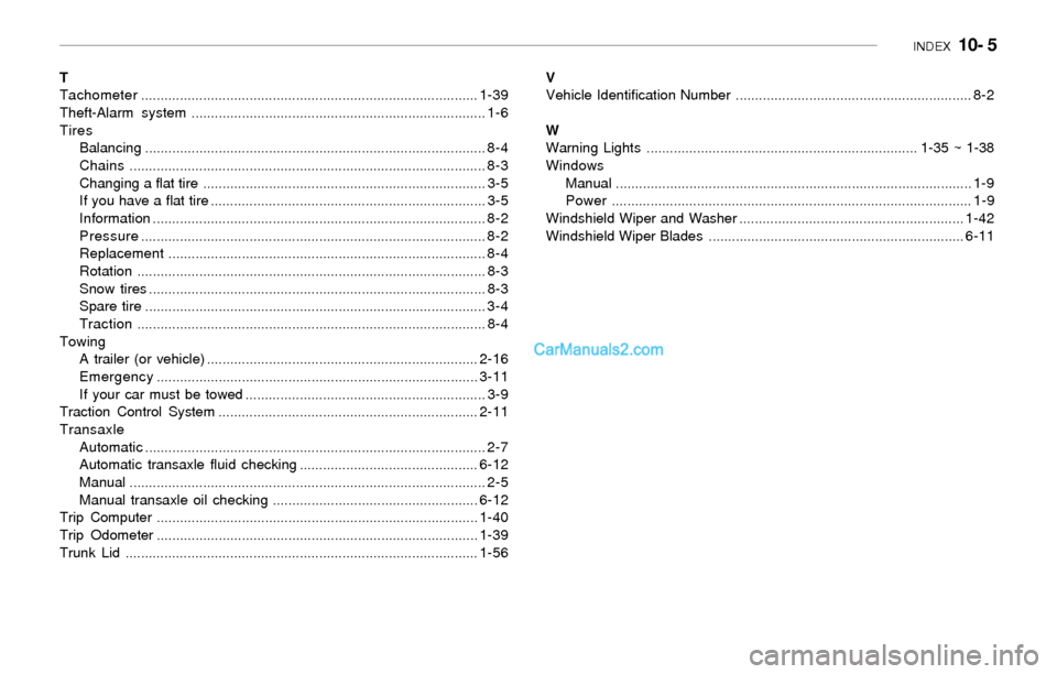 Hyundai Sonata 2004  Owners Manual INDEX  10- 5
T
Tachometer.......................................................................................1-39
Theft-Alarm system.................................................................