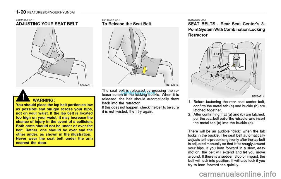 Hyundai Sonata 2004 Owners Guide 1- 20  FEATURES OF YOUR HYUNDAI
!
The seat belt is released by pressing the re-
lease button in the locking buckle. When it is
released, the belt should automatically draw
back into the retractor.
If 