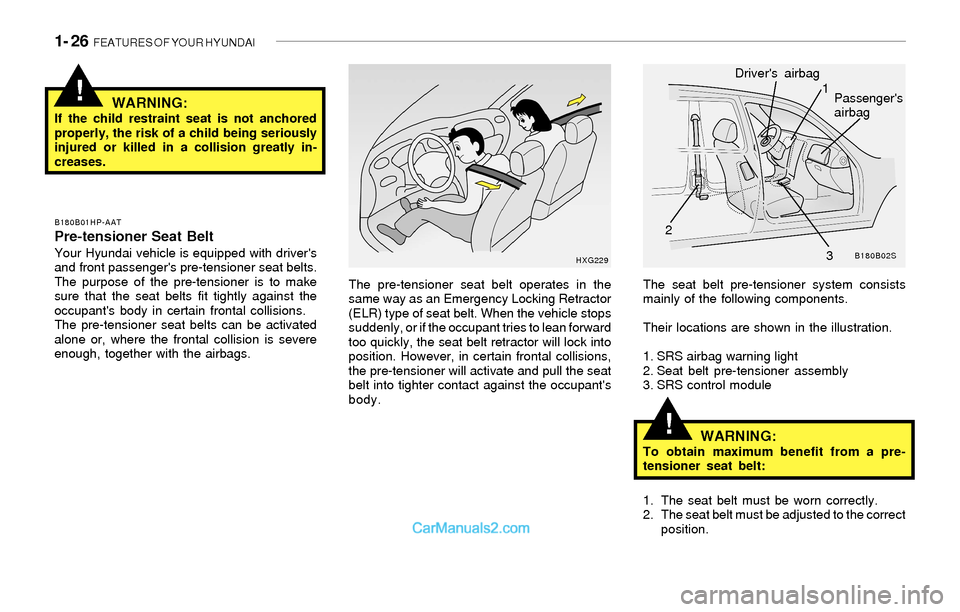 Hyundai Sonata 2004 Owners Guide 1- 26  FEATURES OF YOUR HYUNDAI
!
!WARNING:If the child restraint seat is not anchored
properly, the risk of a child being seriously
injured or killed in a collision greatly in-
creases.
The pre-tensi