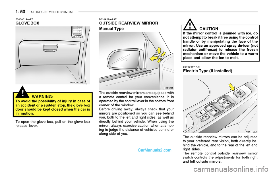 Hyundai Sonata 2004 Repair Manual 1- 50 FEATURES OF YOUR HYUNDAI
!
B510A01A-AATOUTSIDE REARVIEW MIRROR
Manual Type
The outside rearview mirrors are equipped with
a remote control for your convenience. It is
operated by the control le Hyundai Sonata 2004 Repair Manual 1- 50 FEATURES OF YOUR HYUNDAI
!
B510A01A-AATOUTSIDE REARVIEW MIRROR
Manual Type
The outside rearview mirrors are equipped with
a remote control for your convenience. It is
operated by the control le