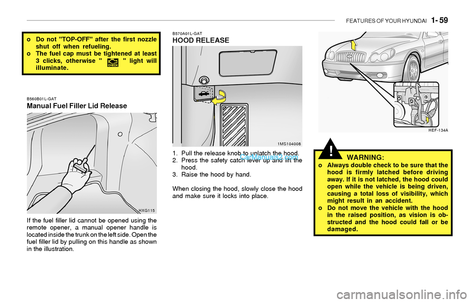 Hyundai Sonata FEATURES OF YOUR HYUNDAI 1- 59
B570A01L-GATHOOD RELEASE
1. Pull the release knob to unlatch the hood.
2. Press the safety catch lever up and lift the
hood.
3. Raise the hood by hand.
When closing th Hyundai Sonata FEATURES OF YOUR HYUNDAI 1- 59
B570A01L-GATHOOD RELEASE
1. Pull the release knob to unlatch the hood.
2. Press the safety catch lever up and lift the
hood.
3. Raise the hood by hand.
When closing th