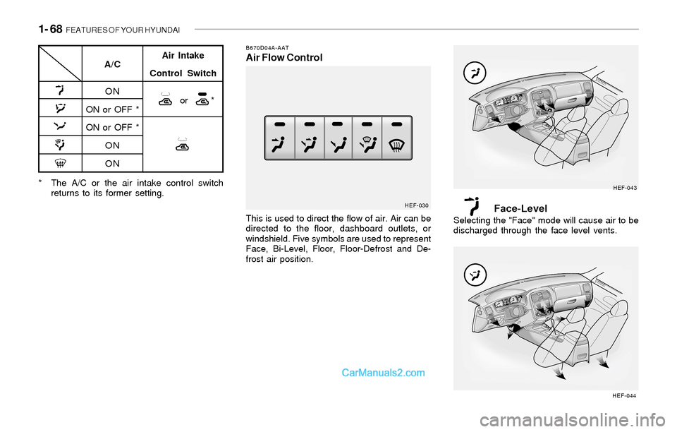 Hyundai Sonata 1- 68 FEATURES OF YOUR HYUNDAI
Face-LevelSelecting the "Face" mode will cause air to be
discharged through the face level vents.
HEF-043
HEF-044* The A/C or the air intake control switch
returns to i Hyundai Sonata 1- 68 FEATURES OF YOUR HYUNDAI
Face-LevelSelecting the "Face" mode will cause air to be
discharged through the face level vents.
HEF-043
HEF-044* The A/C or the air intake control switch
returns to i