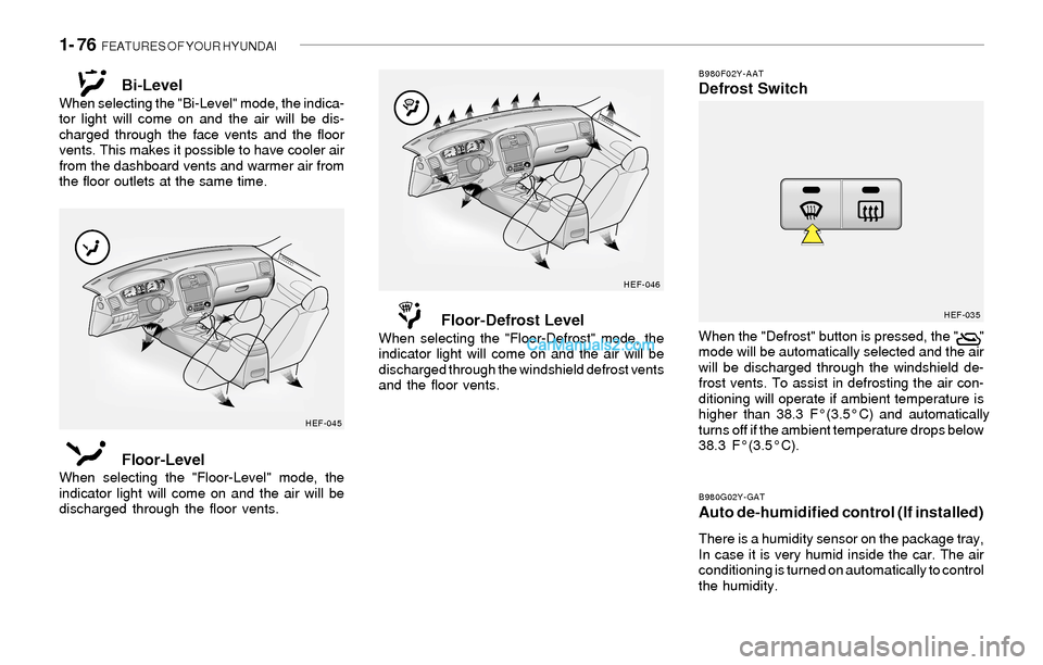 Hyundai Sonata 2004  Owners Manual 1- 76  FEATURES OF YOUR HYUNDAI
B980G02Y-GATAuto de-humidified control (If installed)
There is a humidity sensor on the package tray,
In case it is very humid inside the car. The air
conditioning is t