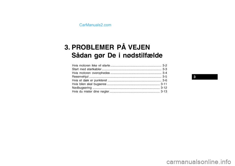 Hyundai Sonata 3. PROBLEMER PÅ VEJENSådan gør De i nødstilfælde
Hvis motoren ikke vil starte ............................................................ 3-2 
Start med startkabler .............................