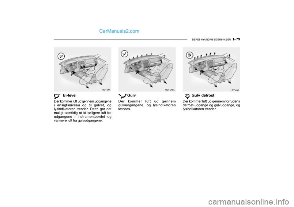 Hyundai Sonata 2004 Instruktionsbog (in Danish) DERES HYUNDAIS EGENSKABER 1- 79
HEF-044HEF-045A
HEF-046
Bi-level
Der kommer luft ud gennem udgangene i ansigtsniveau og til gulvet, og lysindikatoren tænder. Dette gør detmuligt samtidig at få kà Hyundai Sonata 2004 Instruktionsbog (in Danish) DERES HYUNDAIS EGENSKABER 1- 79
HEF-044HEF-045A
HEF-046
Bi-level
Der kommer luft ud gennem udgangene i ansigtsniveau og til gulvet, og lysindikatoren tænder. Dette gør detmuligt samtidig at fÃ¥ kÃ