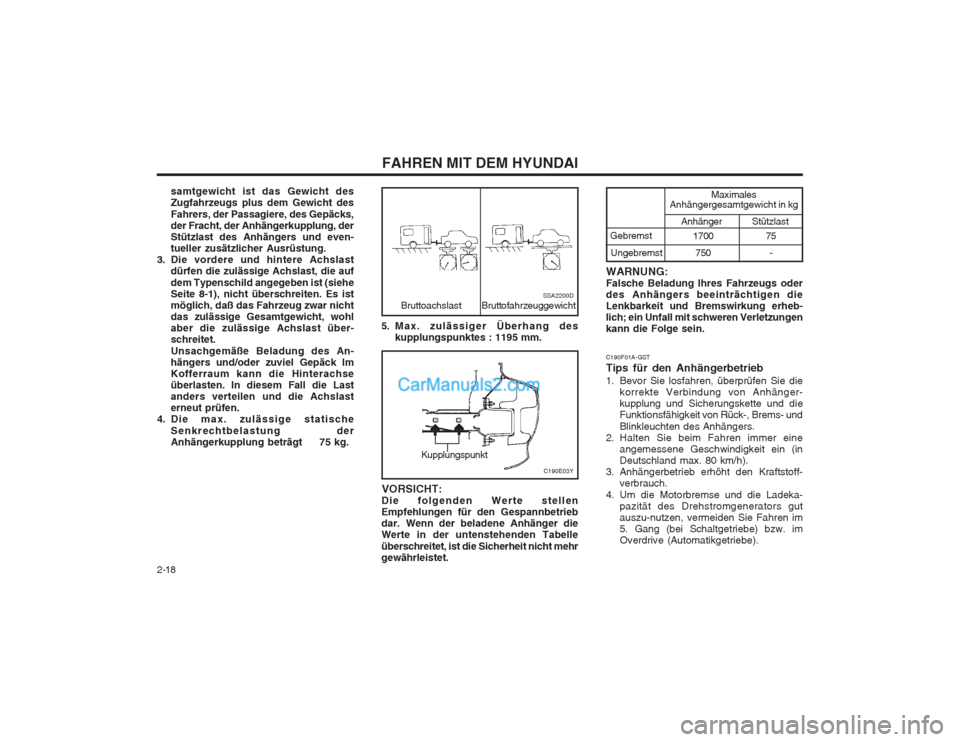 Hyundai Sonata FAHREN MIT DEM HYUNDAI
2-18 5. Max. zulässiger Überhang des
kupplungspunktes : 1195 mm.
Bruttoachslast SSA2200DBruttofahrzeuggewicht
C190E03Y
�Ï�Ï
�Ï�Ï
�Ï �Ï�Ï
�Ï�Ï
�Ï
VORSICHT:
Die folgen