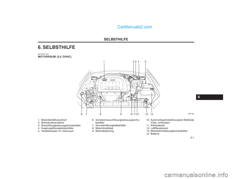 Hyundai Sonata   6-1
SELBSTHILFE
6. SELBSTHILFE G010A03Y-AST MOTORRAUM (2.0 DOHC)
6
6. Scheibenwaschflüssigkeitsausgleichs- behälter
7. Servolenkflüssigkeitbehälter 
8. Motorölmeßstab 
9. Motorabdechung
1. Mot