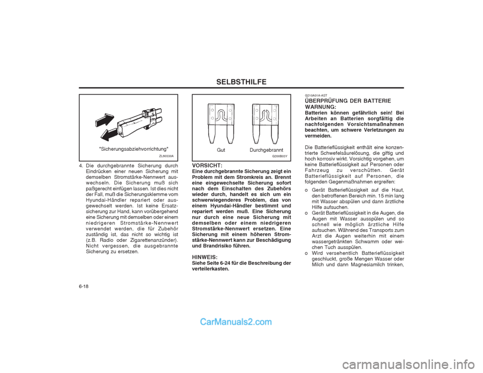 Hyundai Sonata SELBSTHILFE
6-18 VORSICHT: Eine durchgebrannte Sicherung zeigt ein Problem mit dem Stromkreis an. Brennt eine eingewechselte Sicherung sofortnach dem Einschalten des Zubehörswieder durch, handelt es 