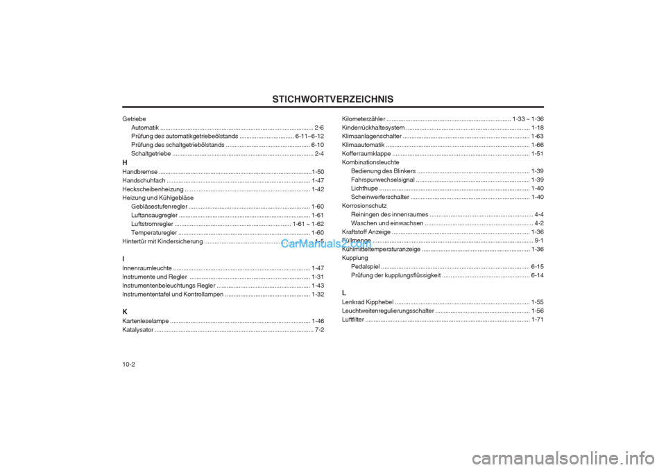 Hyundai Sonata STICHWORTVERZEICHNIS
10-2
Getriebe
Automatik .......................................................................................... 2-6 Prüfung des automatikgetriebeölstands ....................