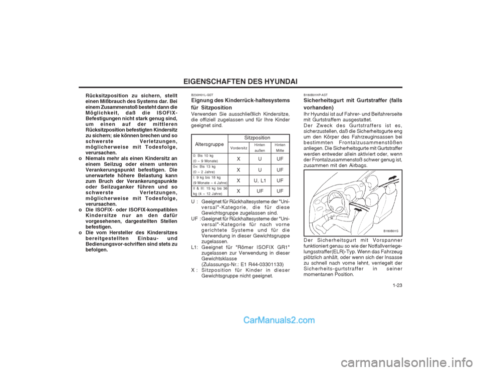Hyundai Sonata   1-23
EIGENSCHAFTEN DES HYUNDAI
B180B01S
Der Sicherheitsgurt mit Vorspanner funktioniert genau so wie der Notfallverriege- lungsstraffer(ELR)-Typ. Wenn das Fahrzeugplötzlich anhält, oder wenn sich 