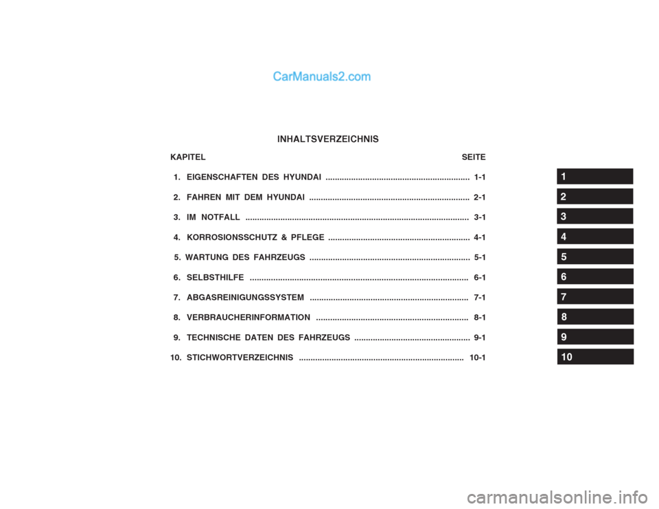 Hyundai Sonata INHALTSVERZEICHNIS
KAPITEL SEITE
1. EIGENSCHAFTEN DES HYUNDAI .......... ............... Hyundai Sonata INHALTSVERZEICHNIS
KAPITEL SEITE
1. EIGENSCHAFTEN DES HYUNDAI .......... ...............