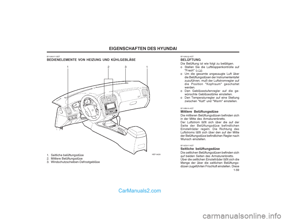 Hyundai Sonata   1-59
EIGENSCHAFTEN DES HYUNDAI
HEF-042A
1
23 1
B710A01Y-GST BEDIENELEMENTE VON HEIZUNG UND KÜHLGEBLÄSE
B710C01Y-AST
Seitliche belüftungsdüse Die seitlichen Belüftungsdüsen befinden sich auf be