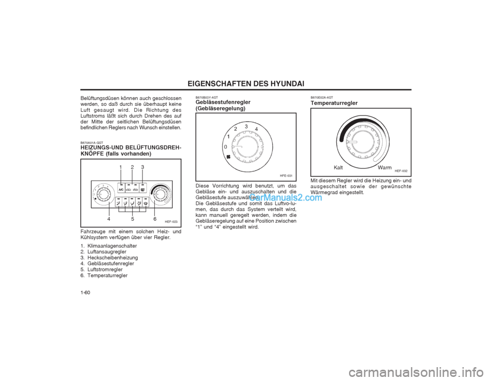 Hyundai Sonata EIGENSCHAFTEN DES HYUNDAI
1-60
HEF-023
HEF-032HFE-031
123
456
Belüftungsdüsen können auch geschlossen werden, so daß durch sie überhaupt keine Luft gesaugt wird. Die Richtung des Luftstroms läß