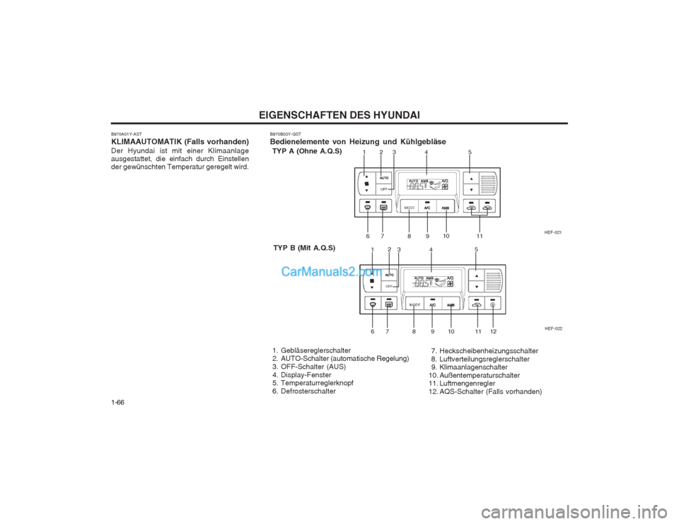 Hyundai Sonata EIGENSCHAFTEN DES HYUNDAI
1-66
123 4 5 67 8 9 10
11
HEF-022
HEF-021
1
2
34 5
6 7 8 9 10 11
12
B970B03Y-GST Bedienelemente von Heizung und Kühlgebläse
 1. Gebläsereglerschalter 
  2. AUTO-Schalter (