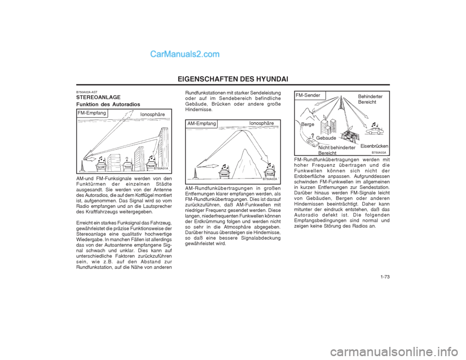 Hyundai Sonata   1-73
EIGENSCHAFTEN DES HYUNDAI
AM-und FM-Funksignale werden von den Funktürmen der einzelnen Städte ausgesandt. Sie werden von der Antenne des Autoradios, die auf dem Kotflügel montiertist, aufge