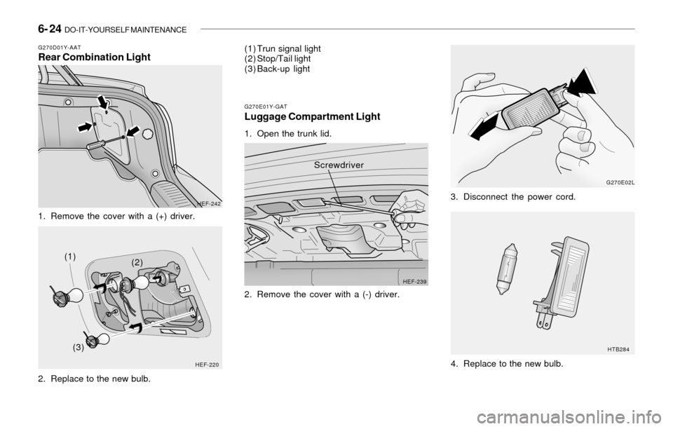 Hyundai Sonata 6- 24 DO-IT-YOURSELF MAINTENANCE
G270D01Y-AATRear Combination Light
1. Remove the cover with a (+) driver.
2. Replace to the new bulb.
HEF-242
HEF-220
(1)
(2)
(3)(1) Trun signal light
(2) Stop/Tail l Hyundai Sonata 6- 24 DO-IT-YOURSELF MAINTENANCE
G270D01Y-AATRear Combination Light
1. Remove the cover with a (+) driver.
2. Replace to the new bulb.
HEF-242
HEF-220
(1)
(2)
(3)(1) Trun signal light
(2) Stop/Tail l