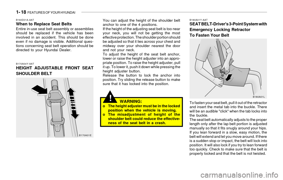 Hyundai Sonata 1- 18  FEATURES OF YOUR HYUNDAI
!
B180A01Y-AATSEAT BELT-Drivers 3-Point System with
Emergency Locking Retractor
To Fasten Your BeltB160D01A-AATWhen to Replace Seat BeltsEntire in-use seat belt assemb