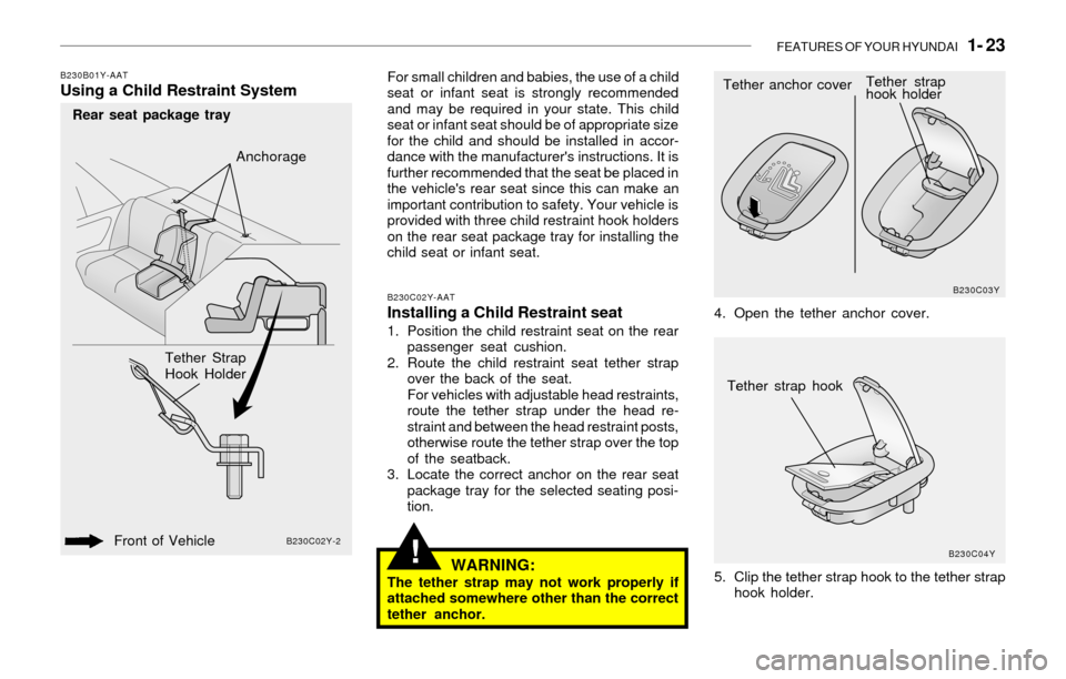 Hyundai Sonata 2003 Owners Guide FEATURES OF YOUR HYUNDAI   1- 23
!
B230B01Y-AATUsing a Child Restraint SystemFor small children and babies, the use of a child
seat or infant seat is strongly recommended
and may be required in your s