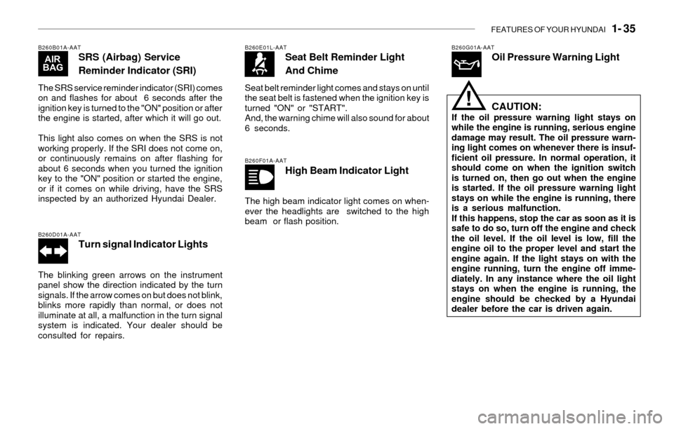 Hyundai Sonata 2003  Owners Manual FEATURES OF YOUR HYUNDAI   1- 35
B260B01A-AATSRS (Airbag) Service
Reminder Indicator (SRI)
The SRS service reminder indicator (SRI) comes
on and flashes for about  6 seconds after the
ignition key is 