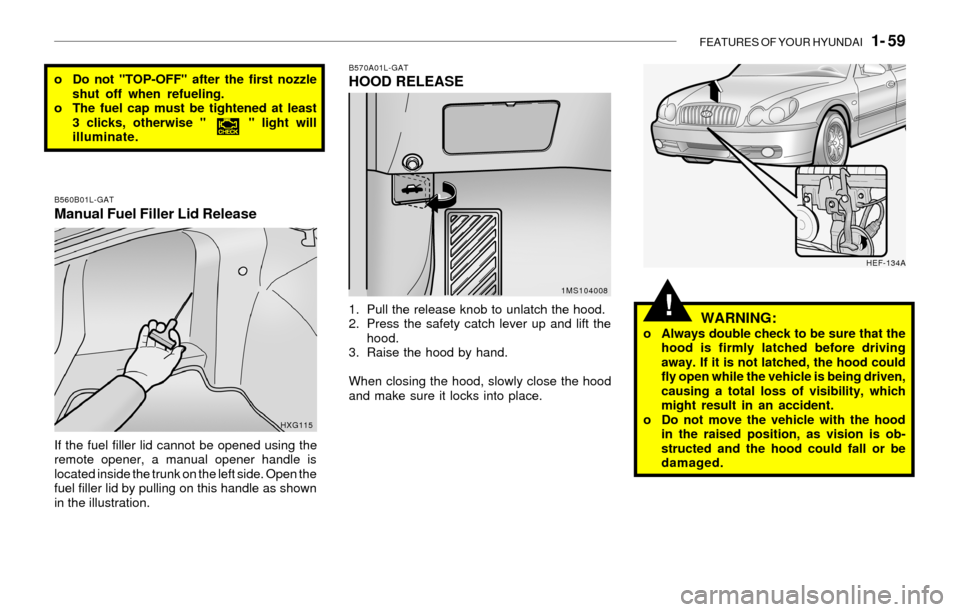 Hyundai Sonata FEATURES OF YOUR HYUNDAI 1- 59
B570A01L-GATHOOD RELEASE
1. Pull the release knob to unlatch the hood.
2. Press the safety catch lever up and lift the
hood.
3. Raise the hood by hand.
When closing th Hyundai Sonata FEATURES OF YOUR HYUNDAI 1- 59
B570A01L-GATHOOD RELEASE
1. Pull the release knob to unlatch the hood.
2. Press the safety catch lever up and lift the
hood.
3. Raise the hood by hand.
When closing th