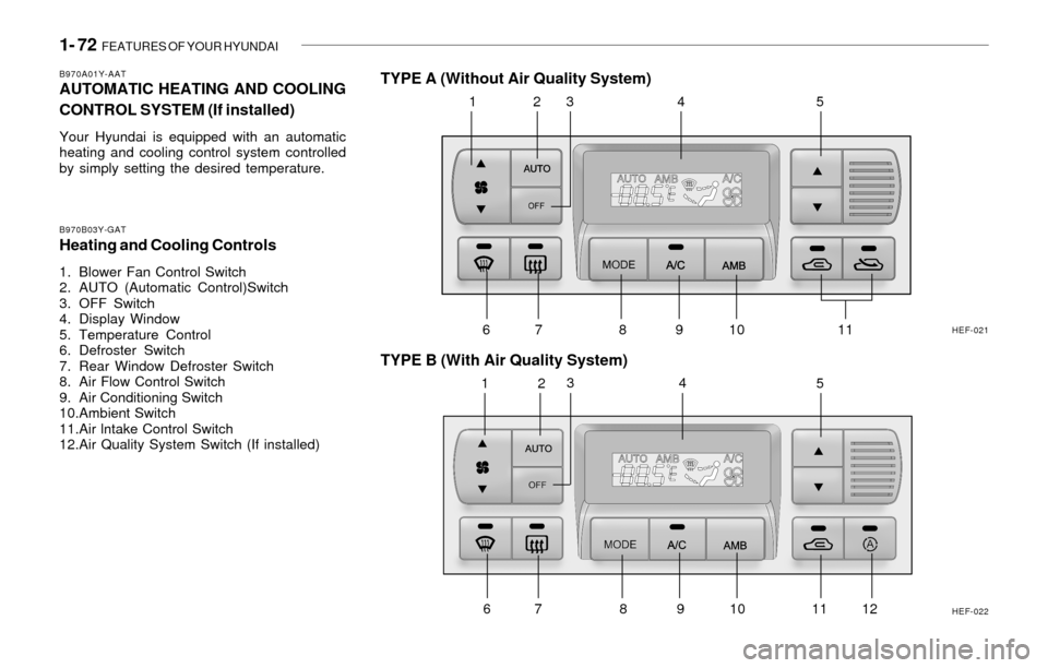 Hyundai Sonata 1- 72  FEATURES OF YOUR HYUNDAI
B970A01Y-AATAUTOMATIC HEATING AND COOLING
CONTROL SYSTEM (If installed)
Your Hyundai is equipped with an automatic
heating and cooling control system controlled
by simp