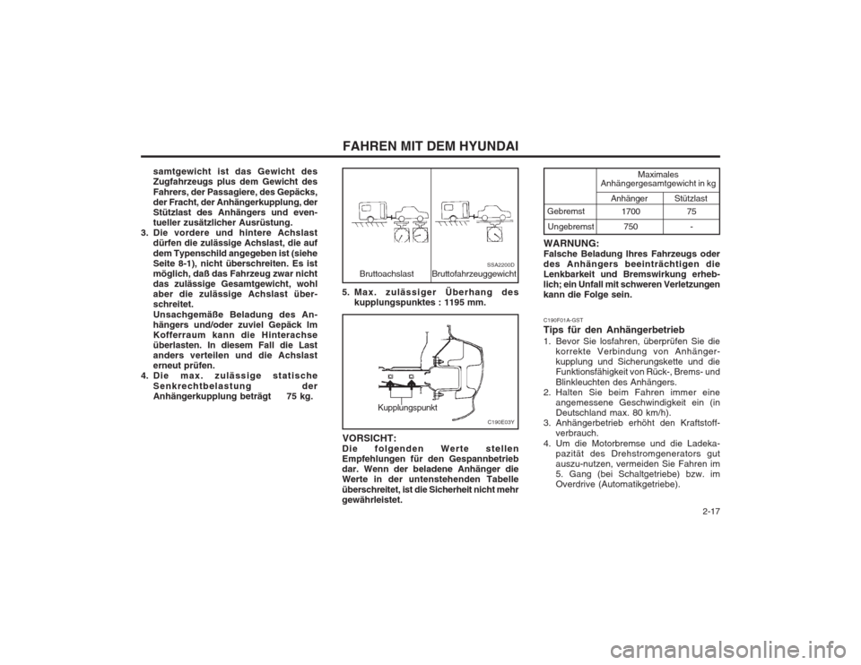 Hyundai Sonata   2-17
FAHREN MIT DEM HYUNDAI
5. Max. zulässiger Überhang des kupplungspunktes : 1195 mm.
Bruttoachslast SSA2200DBruttofahrzeuggewicht
C190E03Y
�Ï�Ï
�Ï�Ï
�Ï �Ï�Ï
�Ï�Ï
�Ï
VORSICHT:
Die folg