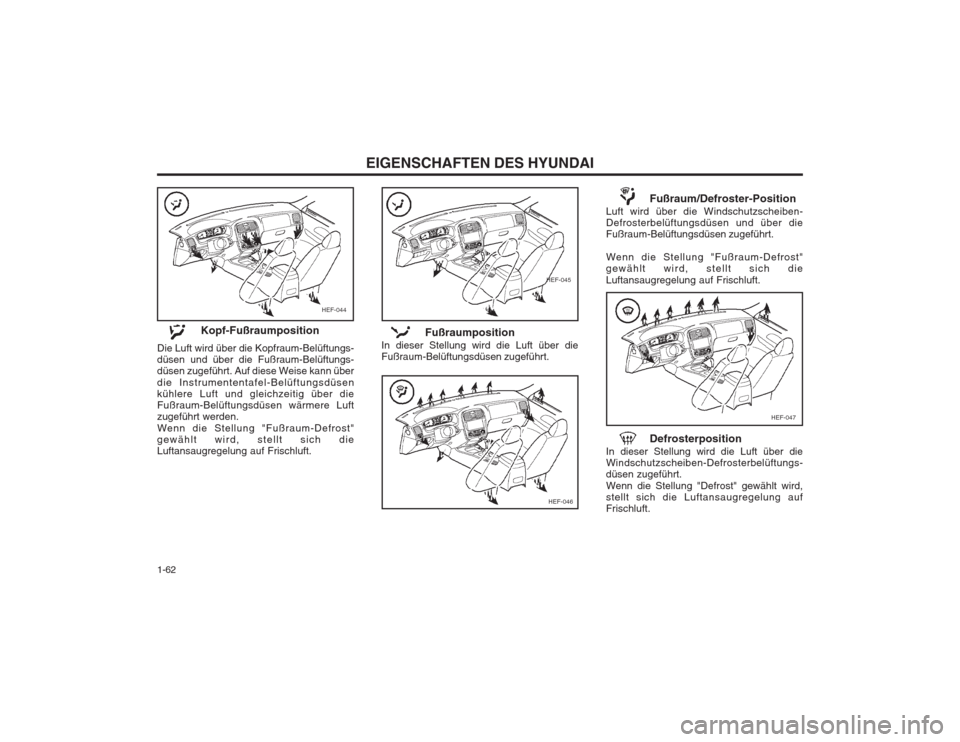 Hyundai Sonata 2003 Betriebsanleitung (in German) EIGENSCHAFTEN DES HYUNDAI
1-62
HEF-045
HEF-046
HEF-047
Kopf-Fußraumposition
Die Luft wird über die Kopfraum-Belüftungs- düsen und über die Fußraum-Belüftungs-düsen zugeführt. Auf diese Weise Hyundai Sonata 2003 Betriebsanleitung (in German) EIGENSCHAFTEN DES HYUNDAI
1-62
HEF-045
HEF-046
HEF-047
Kopf-Fußraumposition
Die Luft wird über die Kopfraum-Belüftungs- düsen und über die Fußraum-Belüftungs-düsen zugeführt. Auf diese Weise