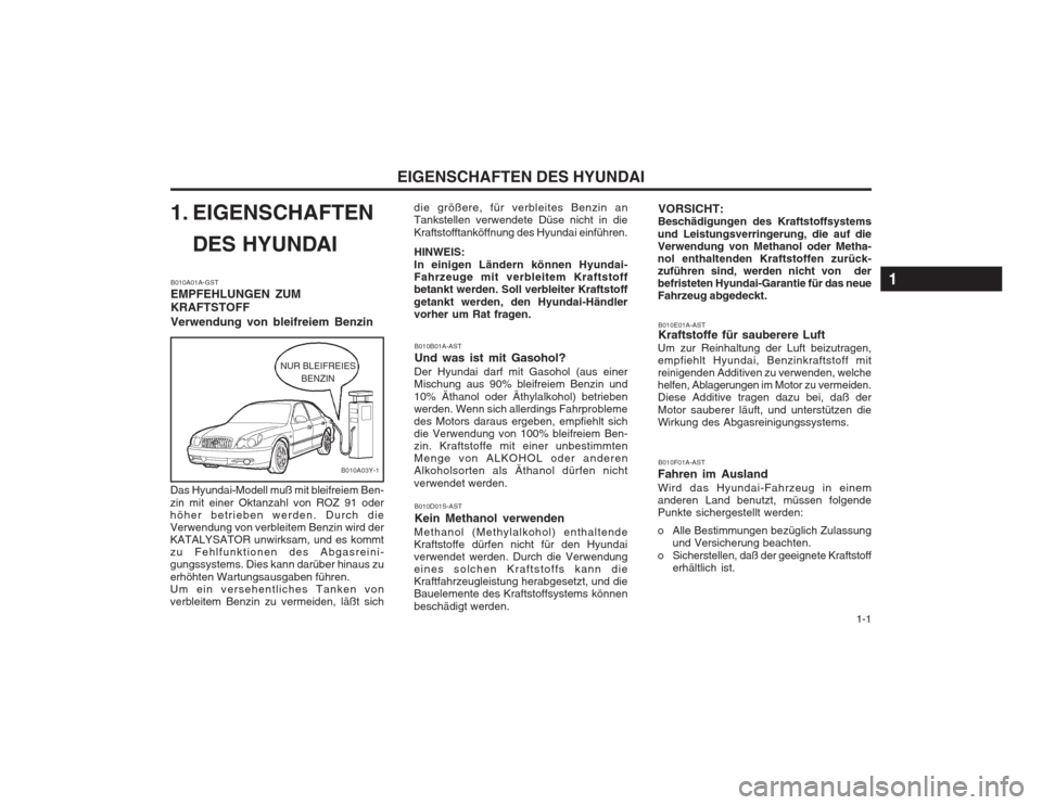 Hyundai Sonata   1-1
EIGENSCHAFTEN DES HYUNDAI
VORSICHT:
Beschädigungen des Kraftstoffsystems und Leistungsverringerung, die auf die Verwendung von Methanol oder Metha-nol enthaltenden Kraftstoffen zurück-zuführe
