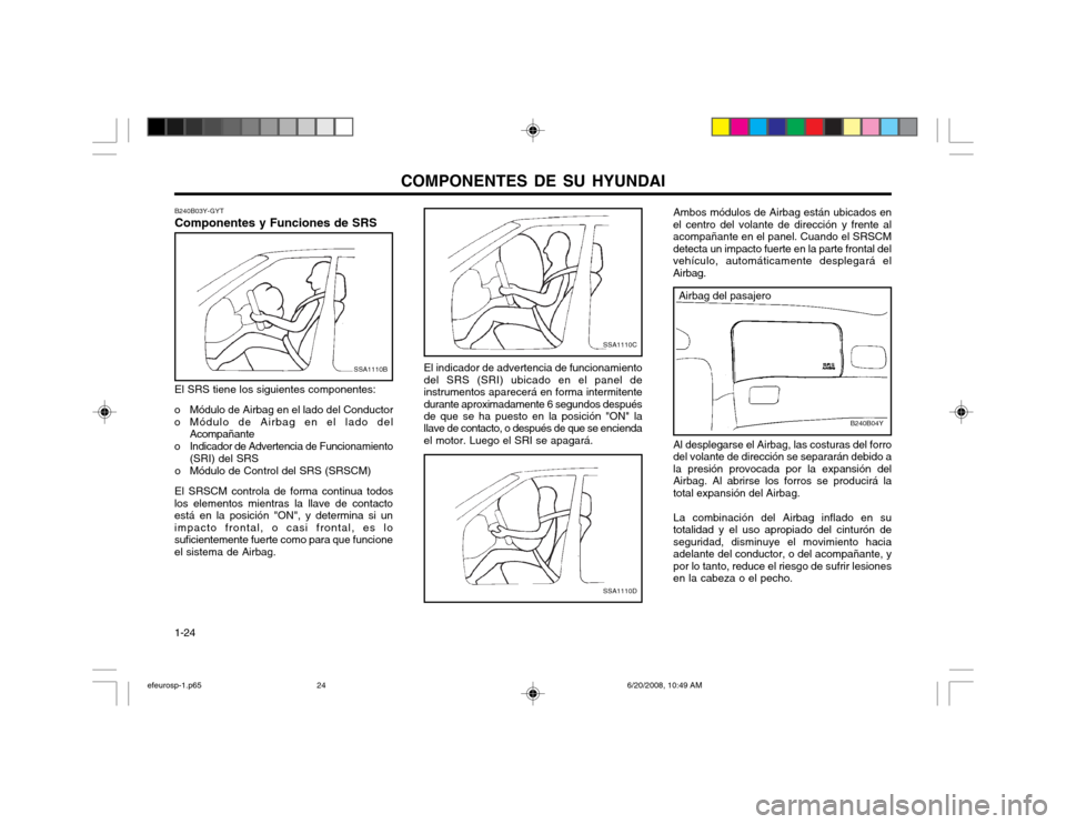 Hyundai Sonata COMPONENTES DE SU HYUNDAI
1-24
SSA1110C
El indicador de advertencia de funcionamiento del SRS (SRI) ubicado en el panel deinstrumentos aparecerá en forma intermitentedurante aproximadamente 6 segundo