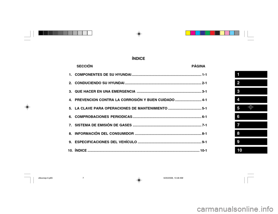 Hyundai Sonata 2003  Manual del propietario (in Spanish) ÍNDICE
 SECCIÓN                                                                                                 PÁGINA
 1. COMPONENTES DE  SU HYUNDAI................................................