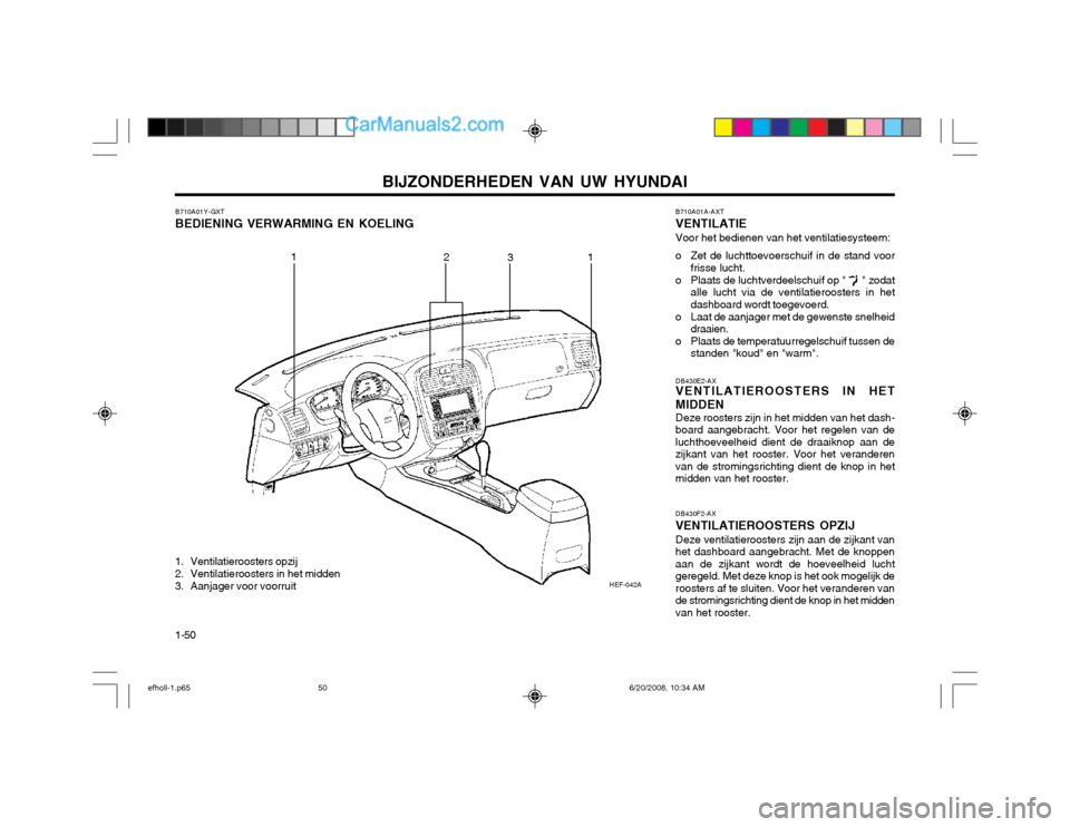 Hyundai Sonata BIJZONDERHEDEN VAN UW HYUNDAI
1-50
HEF-042A
1
23 1
B710A01Y-GXT BEDIENING VERWARMING EN KOELING
DB430E2-AX VENTILATIEROOSTERS IN HET MIDDEN Deze roosters zijn in het midden van het dash- board aangebr