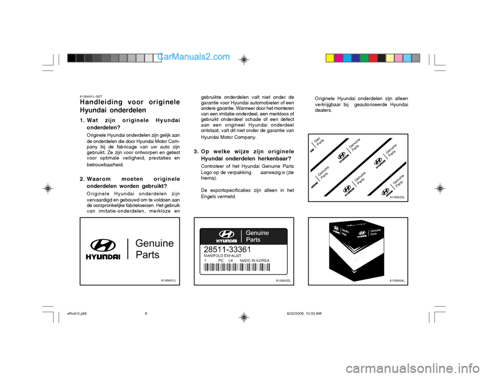 Hyundai Sonata 2003  Handleiding (in Dutch) A100A01L-GXT Handleiding voor originele
Hyundai onderdelen 
1. Wat zijn originele Hyundai onderdelen? Originele Hyundai onderdelen zijn gelijk aan de onderdelen die door Hyundai Motor Com- pany bij de