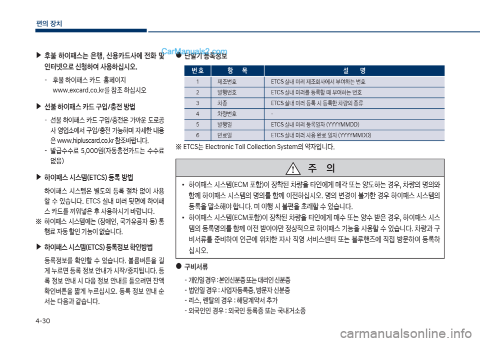 Hyundai Sonata Hybrid 2018  쏘나타 LF HEV/PHEV - 사용 설명서 (in Korean) 태-3혹
편의보장치
보▶후불보 하이패스는보 은행,보 신용카드사에보 전
보 및보 인터넷으