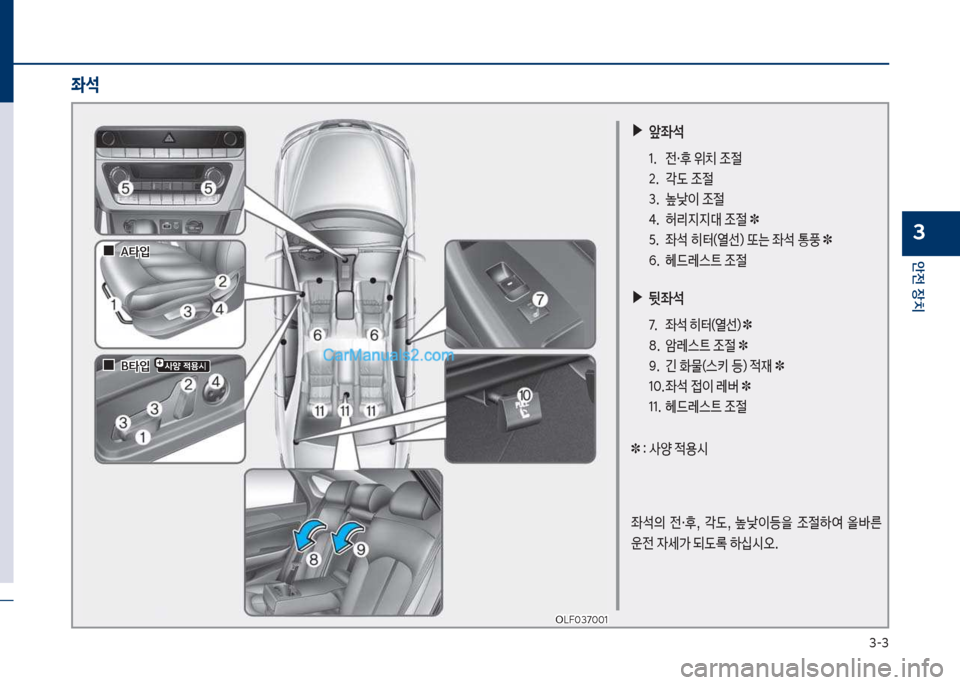 Hyundai Sonata Hybrid 2018  쏘나타 LF HEV/PHEV - 사용 설명서 (in Korean) 3-3
안전보장치
3
보▶앞좌