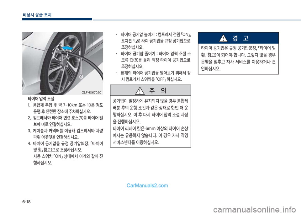 Hyundai Sonata Hybrid 2018  쏘나타 LF HEV/PHEV - 사용 설명서 (in Korean) 부-18
비상시 응급 조치
  타이어 압력 조절1.보 보봉