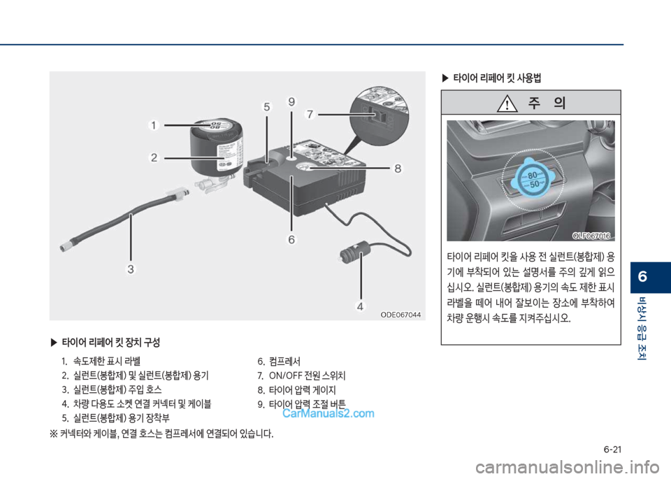 Hyundai Sonata Hybrid 2018  쏘나타 LF HEV/PHEV - 사용 설명서 (in Korean) 부-21
비상시 응급 조치
6
차D시혹부북혹태태차D시혹부북혹태태
 ▶타이어 리페어 킷 장치 구성
1.보 