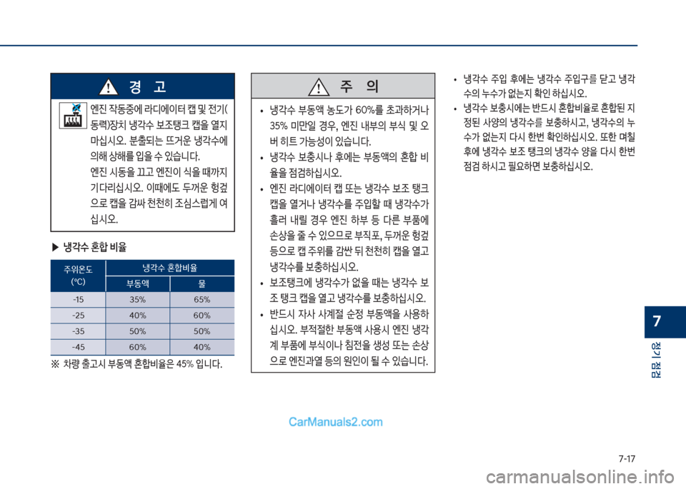 Hyundai Sonata Hybrid 2018  쏘나타 LF HEV/PHEV - 사용 설명서 (in Korean) 7-17
정기 점검
7
 ▶냉?수 혼합 비율

