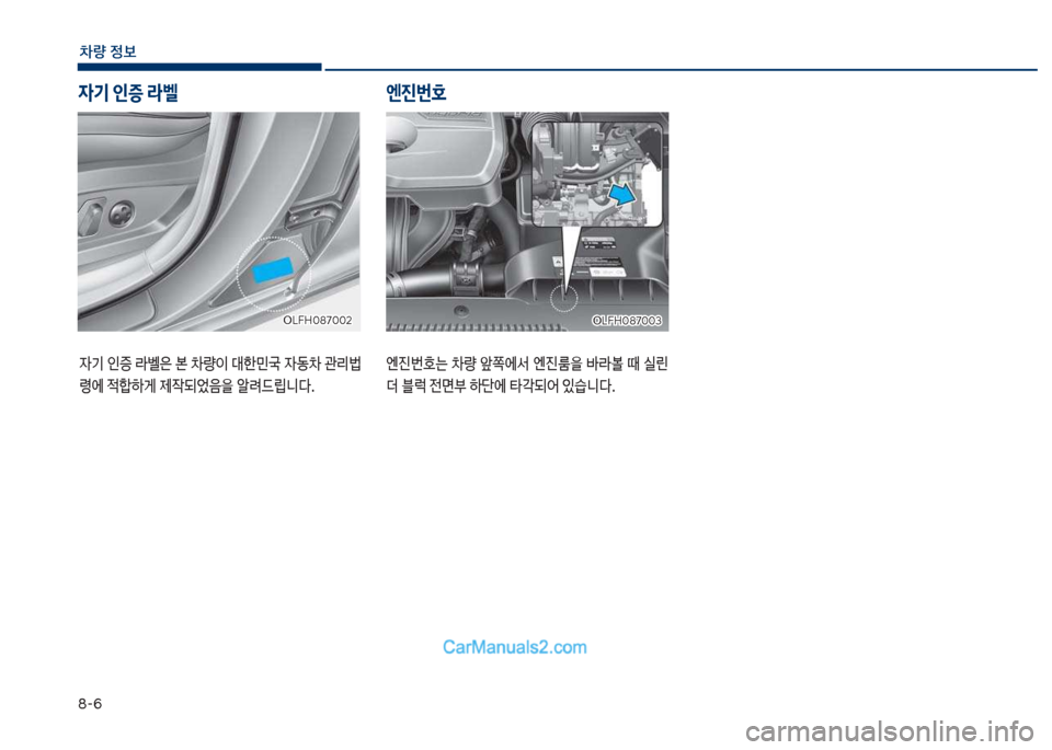 Hyundai Sonata Hybrid 2018  쏘나타 LF HEV/PHEV - 사용 설명서 (in Korean) 8-6
차량 
보
엔진번호는 0량 앞쪽에