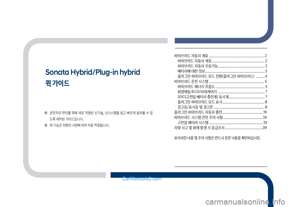 Hyundai Sonata Hybrid 2018  쏘나타 LF HEV/PHEV - 사용 설명서 (in Korean) Sonata Hybrid/Plug-in hybrid
퀵 가이드 
하이브리드보
W동0보개요보........................................................... 2하이브리드보
W동0보개요보.....................