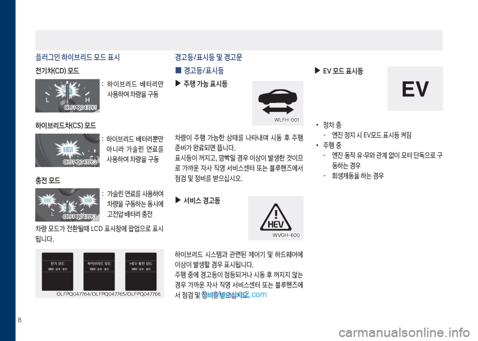 Hyundai Sonata Hybrid 2018  쏘나타 LF HEV/PHEV - 사용 설명서 (in Korean) 8
 
0 경고등/표시등
 
▶
서비스 경고등
하이브리드보 쉇스템과보 관련된보 제어기보 및보 하드웨어에보 이상이보