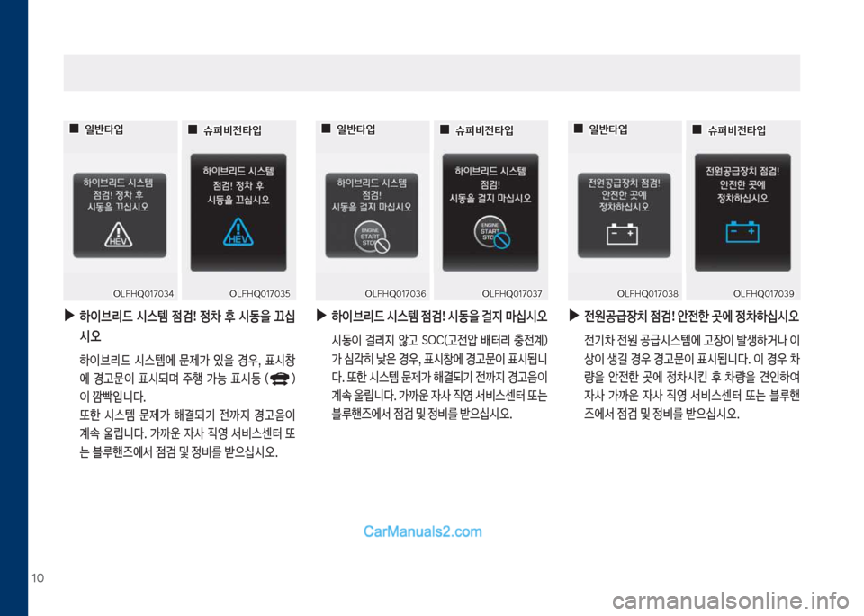 Hyundai Sonata Hybrid 2018  쏘나타 LF HEV/PHEV - 사용 설명서 (in Korean) 10
 
▶
하이브리드  시스템  점검!  정차  후  시동을  끄십 시오
보 하이브리드보 쉇스템에보 문제>보 있을보 경우,보 표쉇창
에보 경고문이보 표쉇되