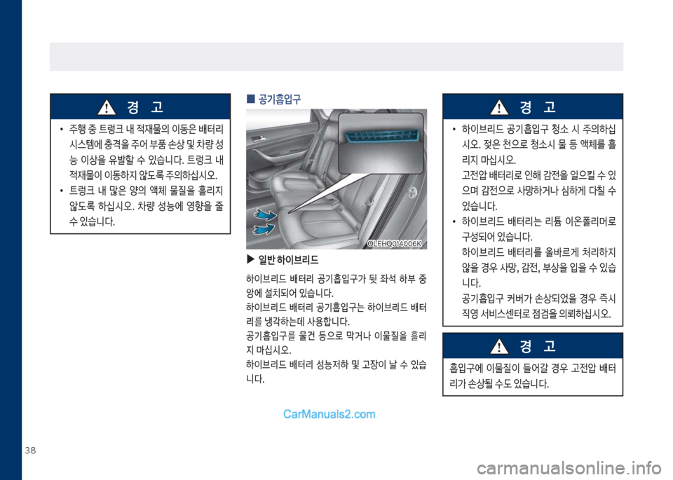 Hyundai Sonata Hybrid 2018  쏘나타 LF HEV/PHEV - 사용 설명서 (in Korean) 38
 
0 공기흡입구
 
▶
일반 하이브리드
하이브리드보 배터리보 공기흡
Q구>보 뒷보 좌